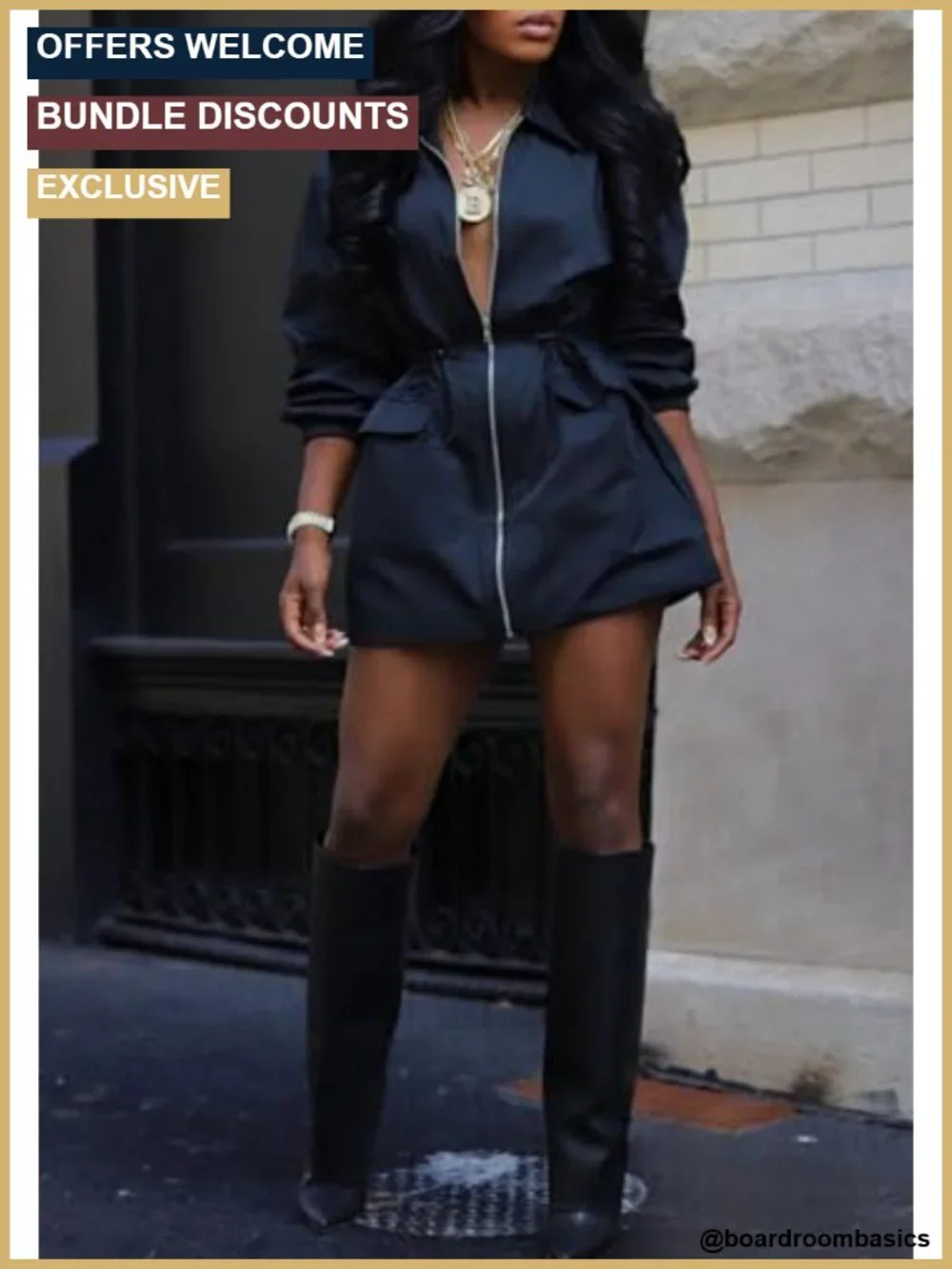 Women's Casual V Neck Long Sleeve Mini Dress with Zipper and Pockets